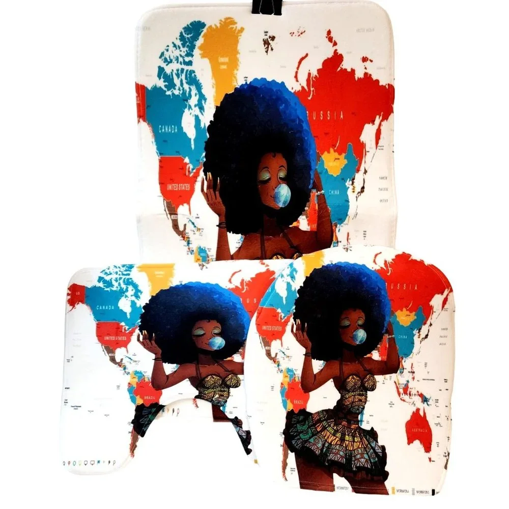 African Woman Blue Afro World Map Graphic Bathroom Decor 3pc Set NEW Unused